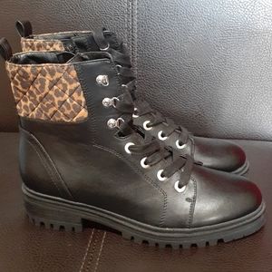 Nine West Black Combat Boots, Leopard Accent  SZ 9